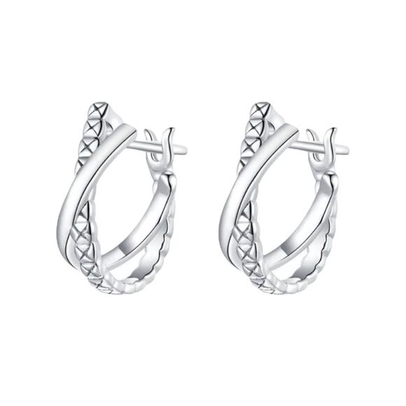 Platinum Plated Criss Cross 925 Sterling Silver Huggies Earrings - Picture 1 of 11